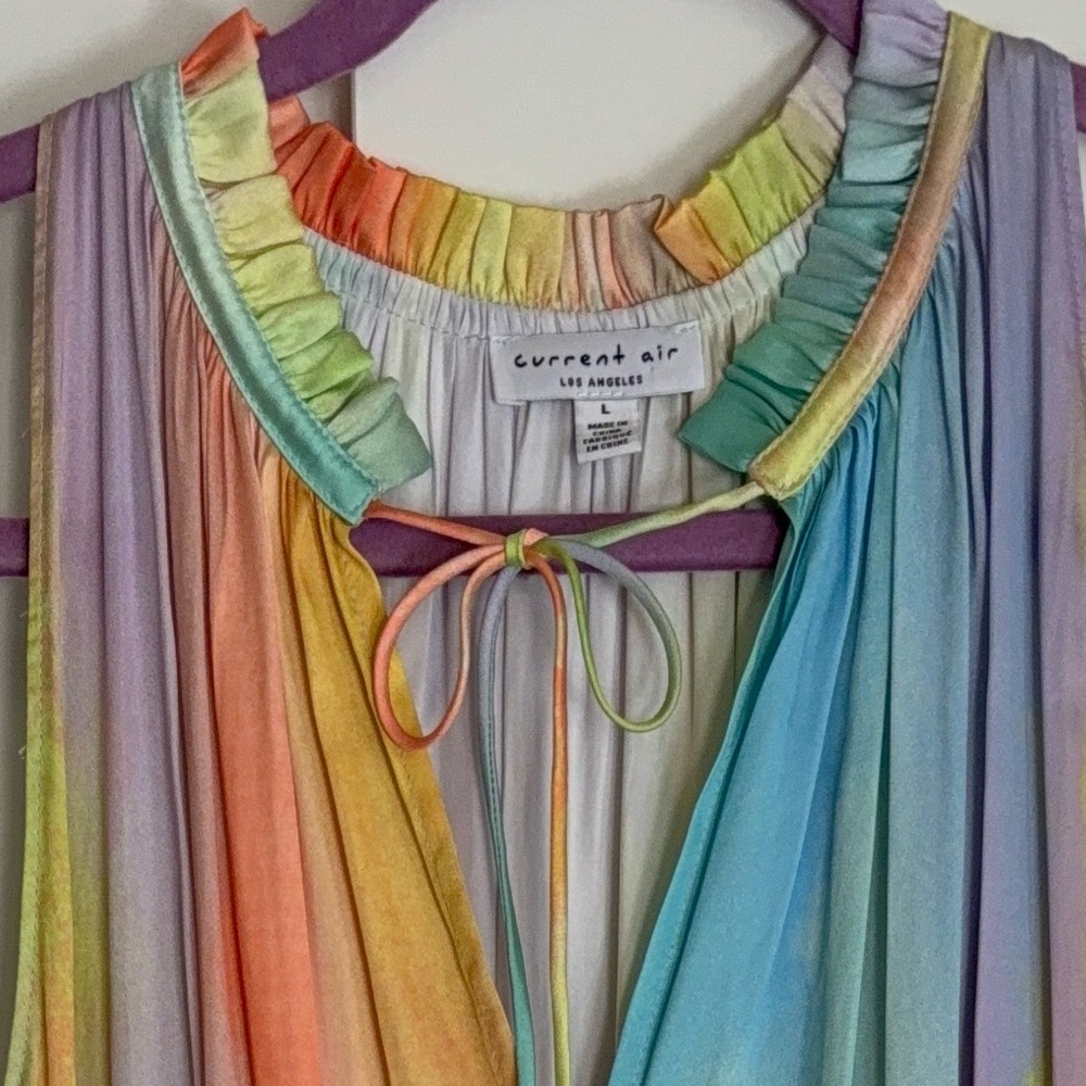 Current Air Los Angeles Cara Pleated Mini Dress Rainbow ๐ Tiered Drop Waist L - Picture 5 of 15